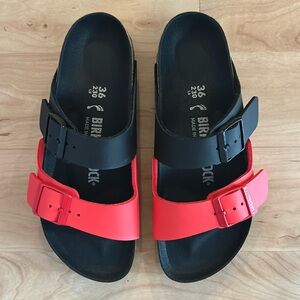 Birkenstock Arizona Split Black/Poppy Red Size 36 - NEW